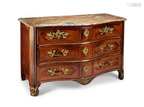 A Regence kingwood parquetry serpentine commode by Jean-Char...