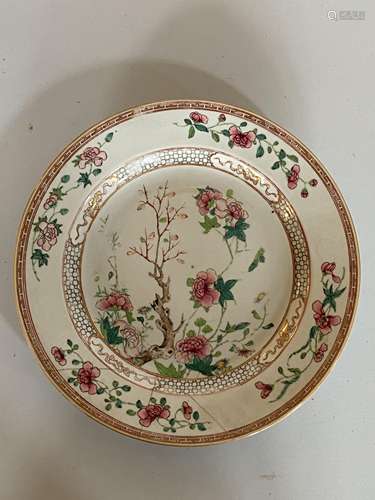 Three Cantonese plates, a cantonese brush pot and famille ro...