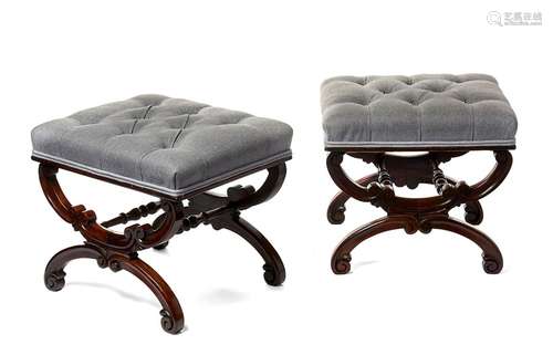 A pair of William IV rosewood carved ‘X’ frame stools