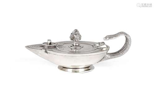 A Victorian silver table lighter in the form of a Roman lamp...