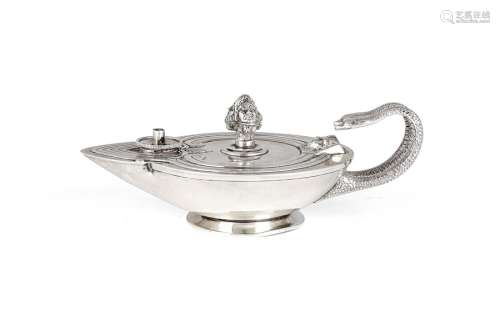 A Victorian silver table lighter in the form of a Roman lamp...