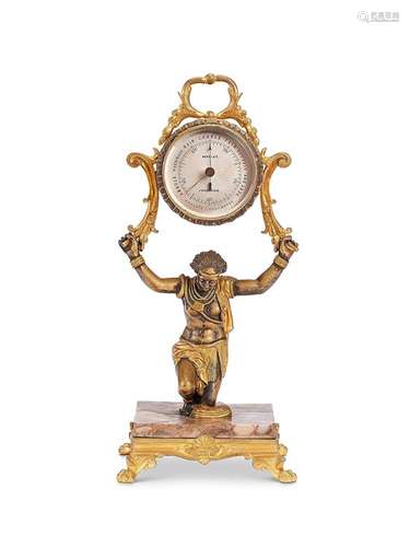 A late 19th century bronze and gilt bronze table barometer b...