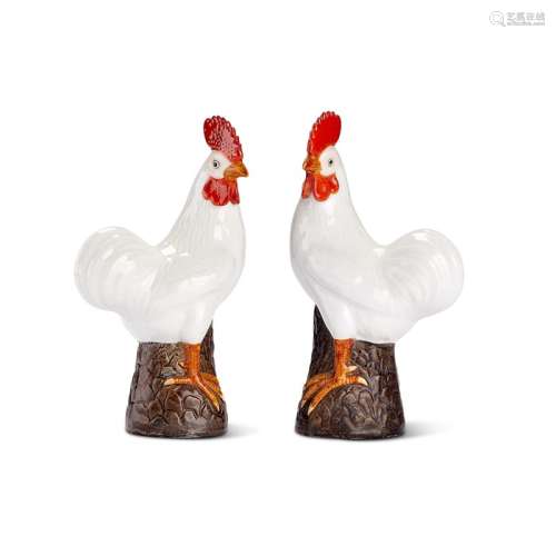 A pair of Chinese-Export white and red glazed cockerels