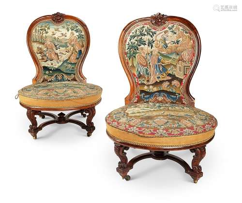 A pair of large Victorian needlework-upholstered balloon-bac...