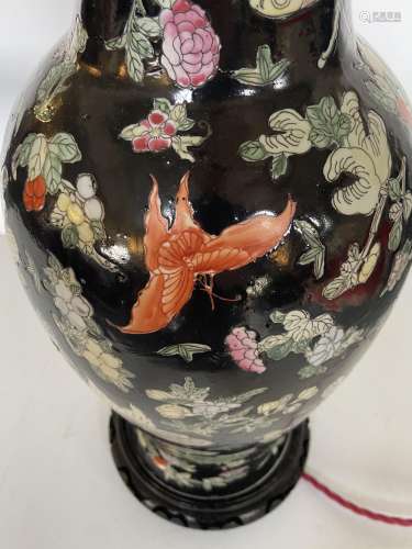 A Chinese-Export famille noir porcelain vase converted to a ...