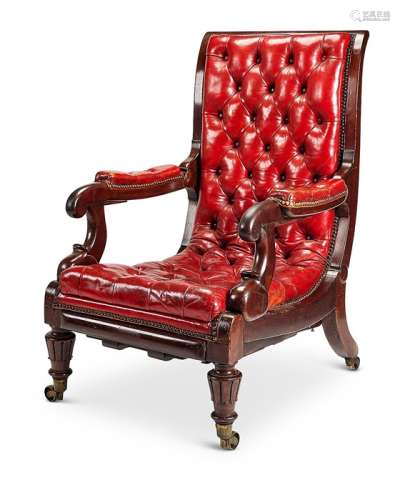 A George IV mahogany red leather patent reclining library ar...