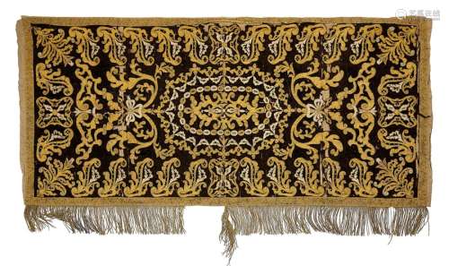 An 18th century gold thread embroidered black velvet altar c...