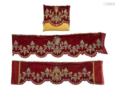 Two sections of 18th century red velvet silver embroidered a...