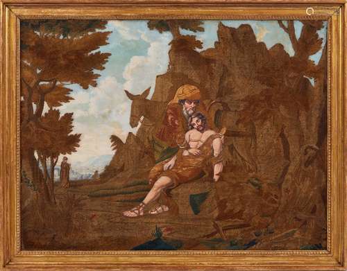 A very large early 19th century painted and silk-work framed...