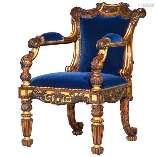 A George IV rosewood and parcel gilt carved armchair attribu...
