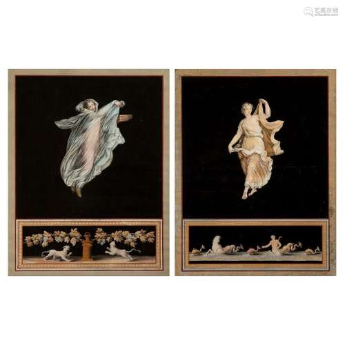 A pair of early 19th century gouache paintings over etchings...