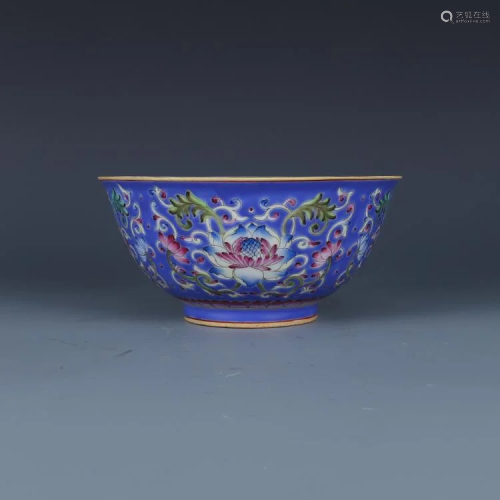 Qing dynasty blue bowl with lotus painting