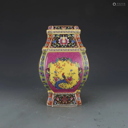 Qing dynasty colorful square pot with flower and bird