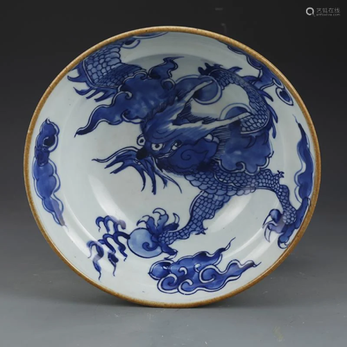 Qing dynasty blue glaze bowl with dragon painting