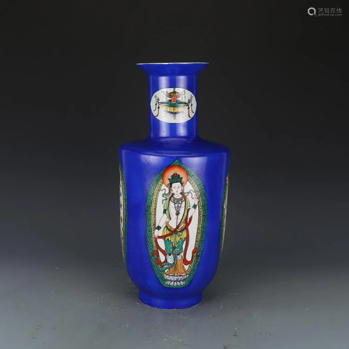 Qing dynasty blue glaze blue bottle with Guan Yin