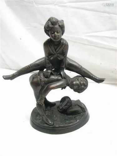 Vintage Bronze Sculpture Leap Frog Boy and Girl