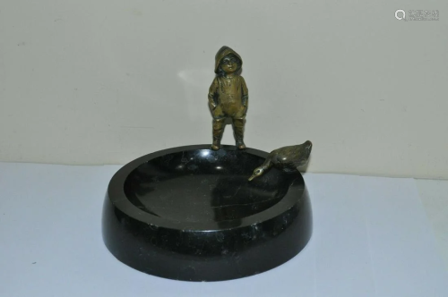 Antique Bronze Sculpture Boy & Goose Mounted Stone