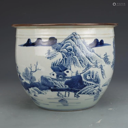 Qing dynasty blue glaze pot with landscape painting