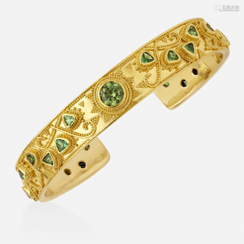 Gold and green garnet cuff bracelet