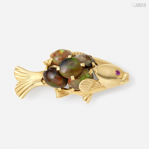 Gold and opal fish brooch