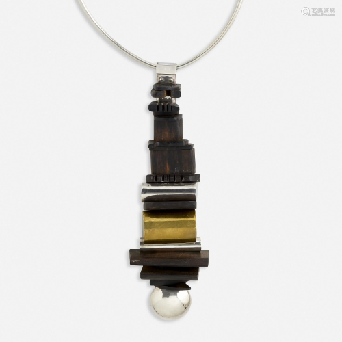Robert Lee Morris, Wood, brass, and silver necklace