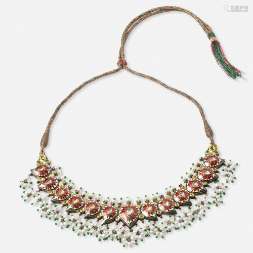 Indian enamel, diamond, and cultured pearl necklace