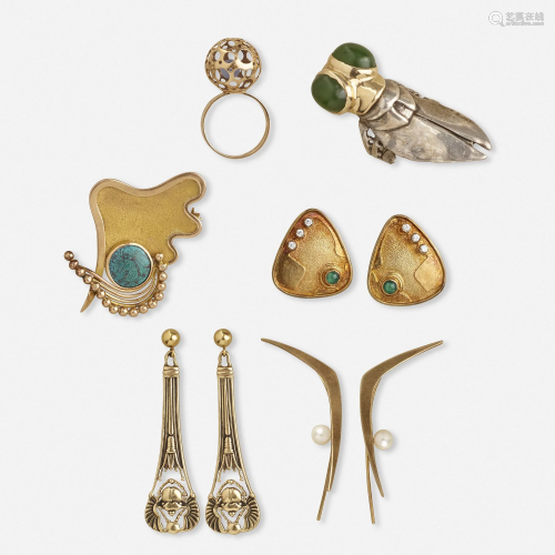 Group of modernist silver and gold jewelry