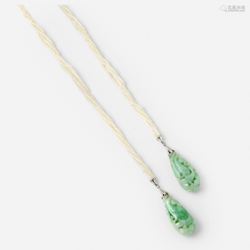 Art Deco jade and seed pearl sautoir necklace