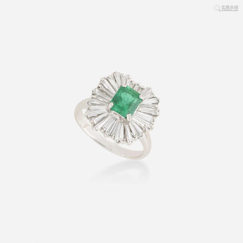 Emerald, diamond, and white gold ballerina ring