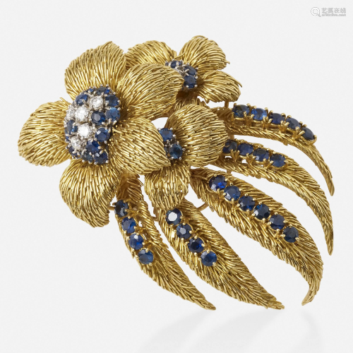 Sapphire, diamond, gold floral brooch