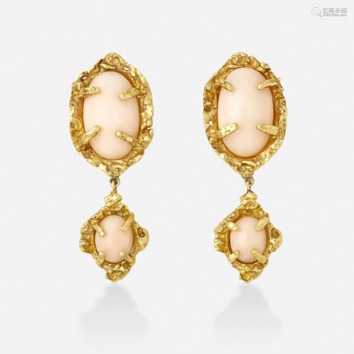 Angel skin coral and gold earrings