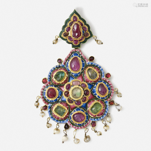Rare Qajar enamel and gem-set pendant