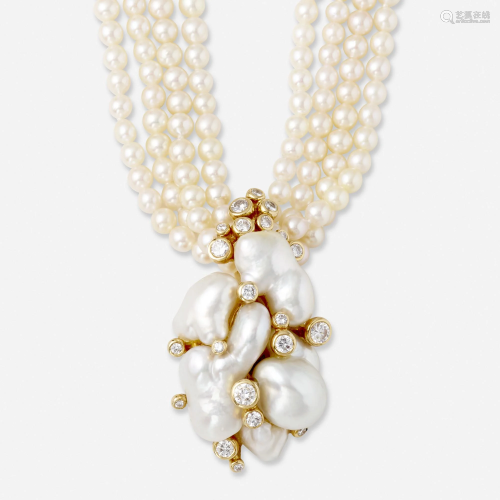 Gilbert Albert, Diamond, cultured pearl necklace