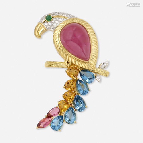 Multi-gem parrot brooch