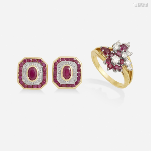 Ruby and diamond ear clips and ring