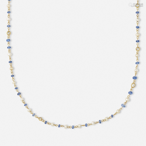 Seed pearl, sapphire, and diamond necklace