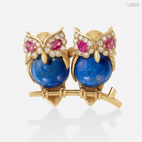 Diamond and gem-set owl brooch