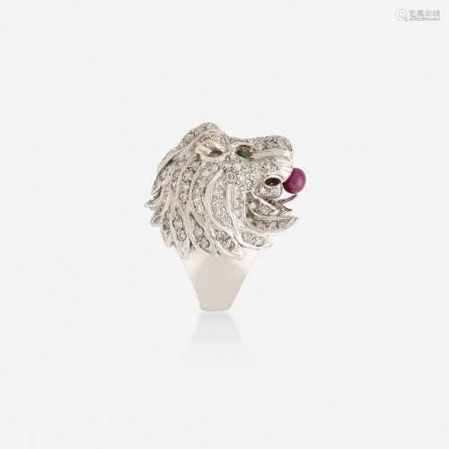 Diamond and gem-set lion ring