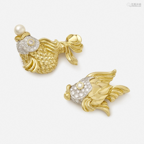 Two diamond and gold fish brooches