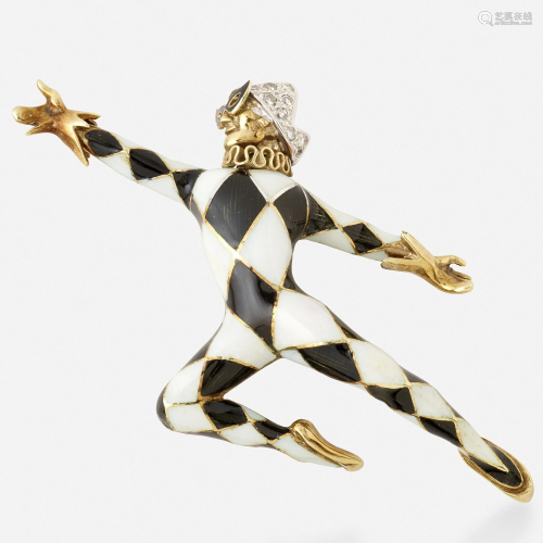 Enamel and gold harlequin brooch