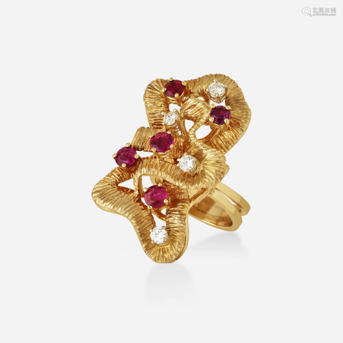 Modernist diamond, ruby, and gold ring