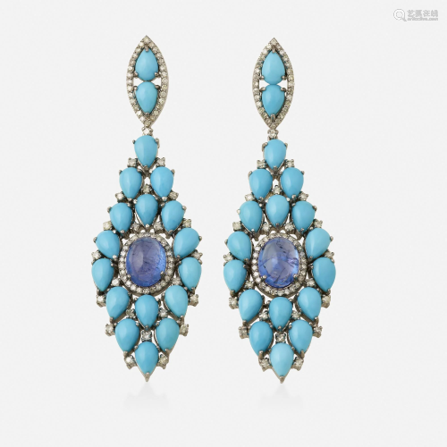 Tanzanite, turquoise, and diamond earrings