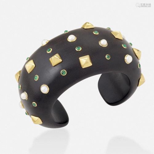 Wood, gold, emerald, and cultured pearl cuff bracelet