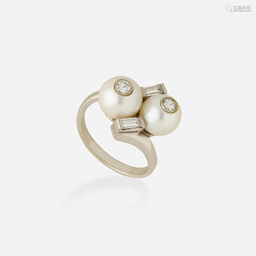 Twin cultured pearl and diamond ring