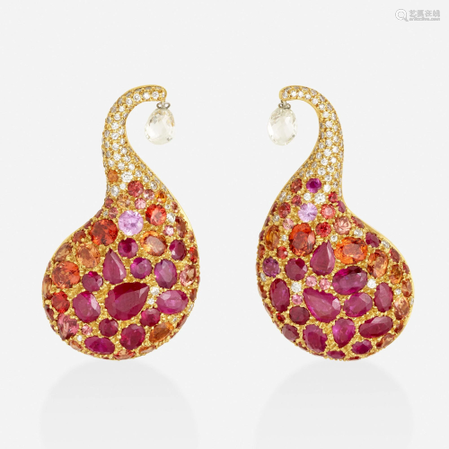 Ruby, gem-set, and diamond earrings