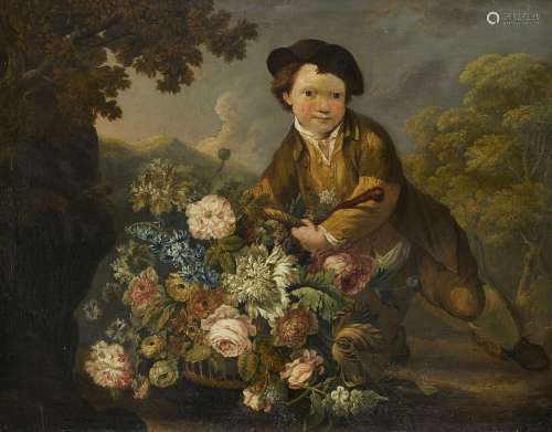 Dutch School, late 18th century- Boy holding a basket of flo...