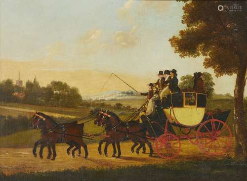 John Cordrey, British c.1765-1825- A coach and four in an la...