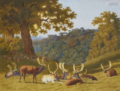 Robert Hills OWS, English 1769-1844- Stags and hinds in a pa...