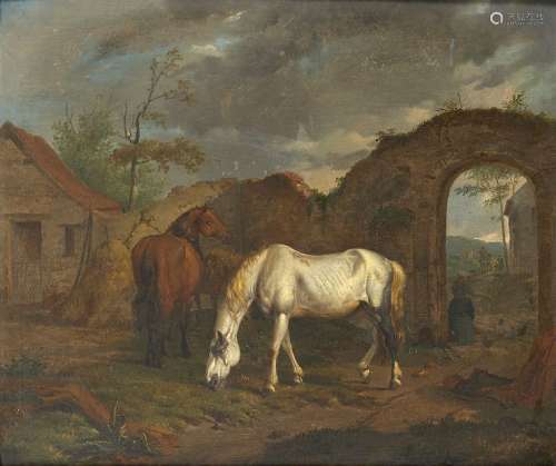 Circle of Philips Wouwerman, Dutch 1619-1668- Horses by a dw...