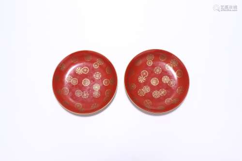 pair of chinese coral-red porcelain dishs